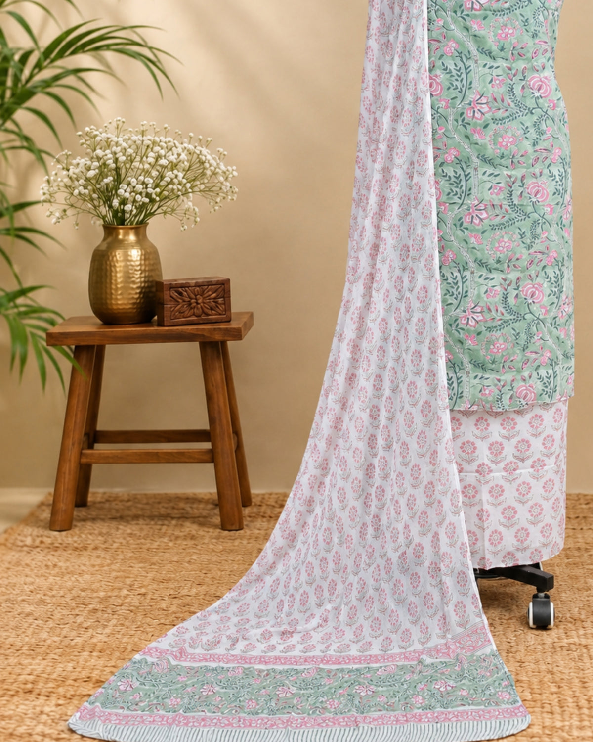 Mint green Mul Mul chiffon dupatta with pink floral embroidery, lightweight material from S Fabs.