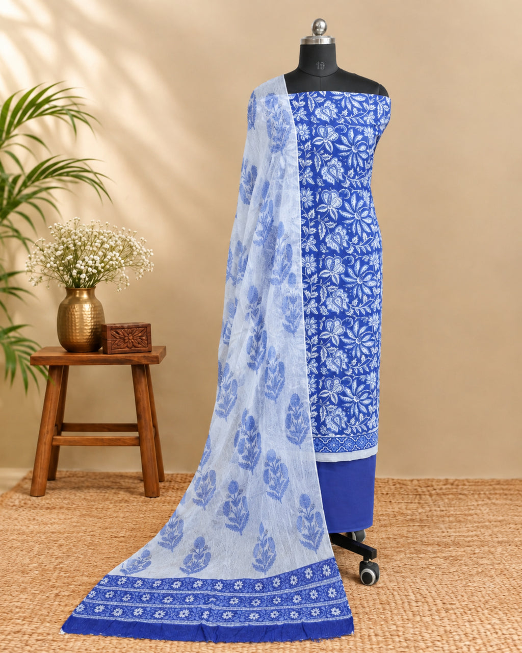 Royal blue Mul Mul chiffon dupatta with white floral pattern, lightweight fabric from S Fabs.