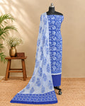 Royal blue Mul Mul chiffon dupatta with white floral pattern, lightweight fabric from S Fabs.