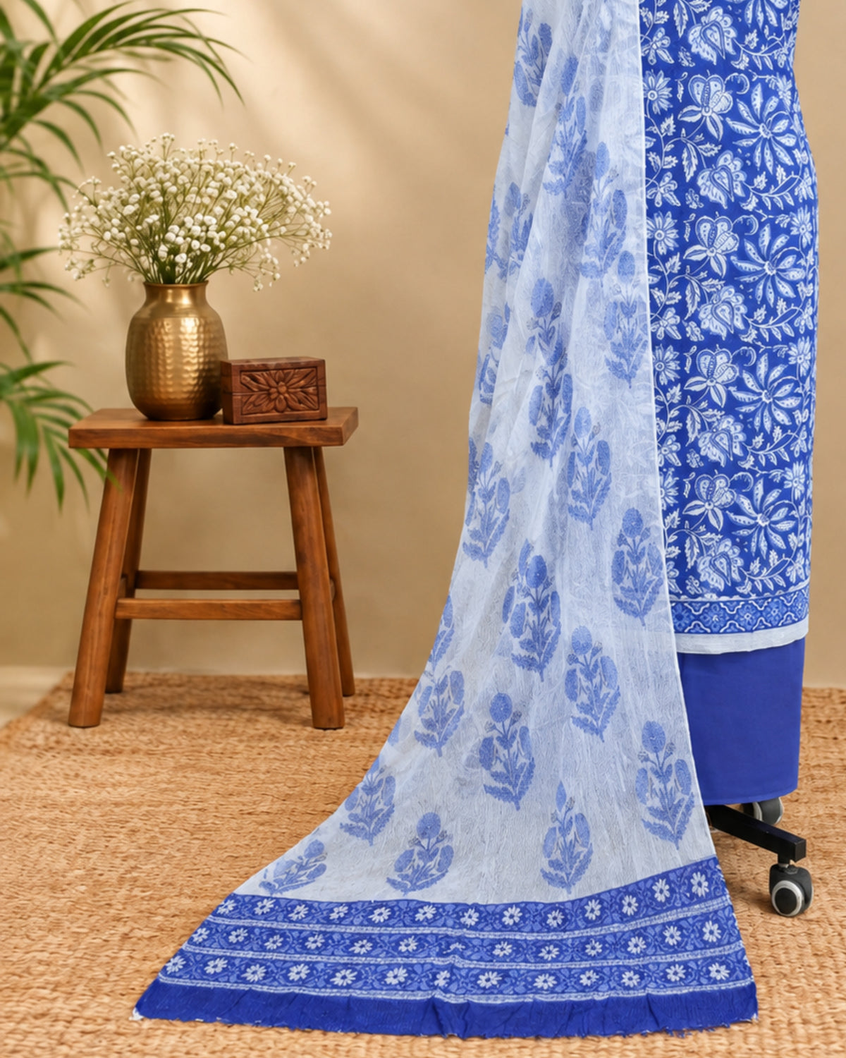 Royal blue Mul Mul chiffon dupatta with white floral print from S Fabs, showcasing elegant fabric and delicate floral design.