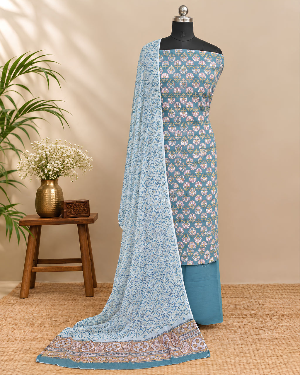 Teal blue Mul Mul chiffon dupatta with pink and cream floral patterns, lightweight material from S Fabs.