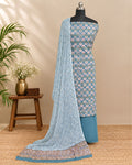 Teal blue Mul Mul chiffon dupatta with pink and cream floral patterns, lightweight material from S Fabs.