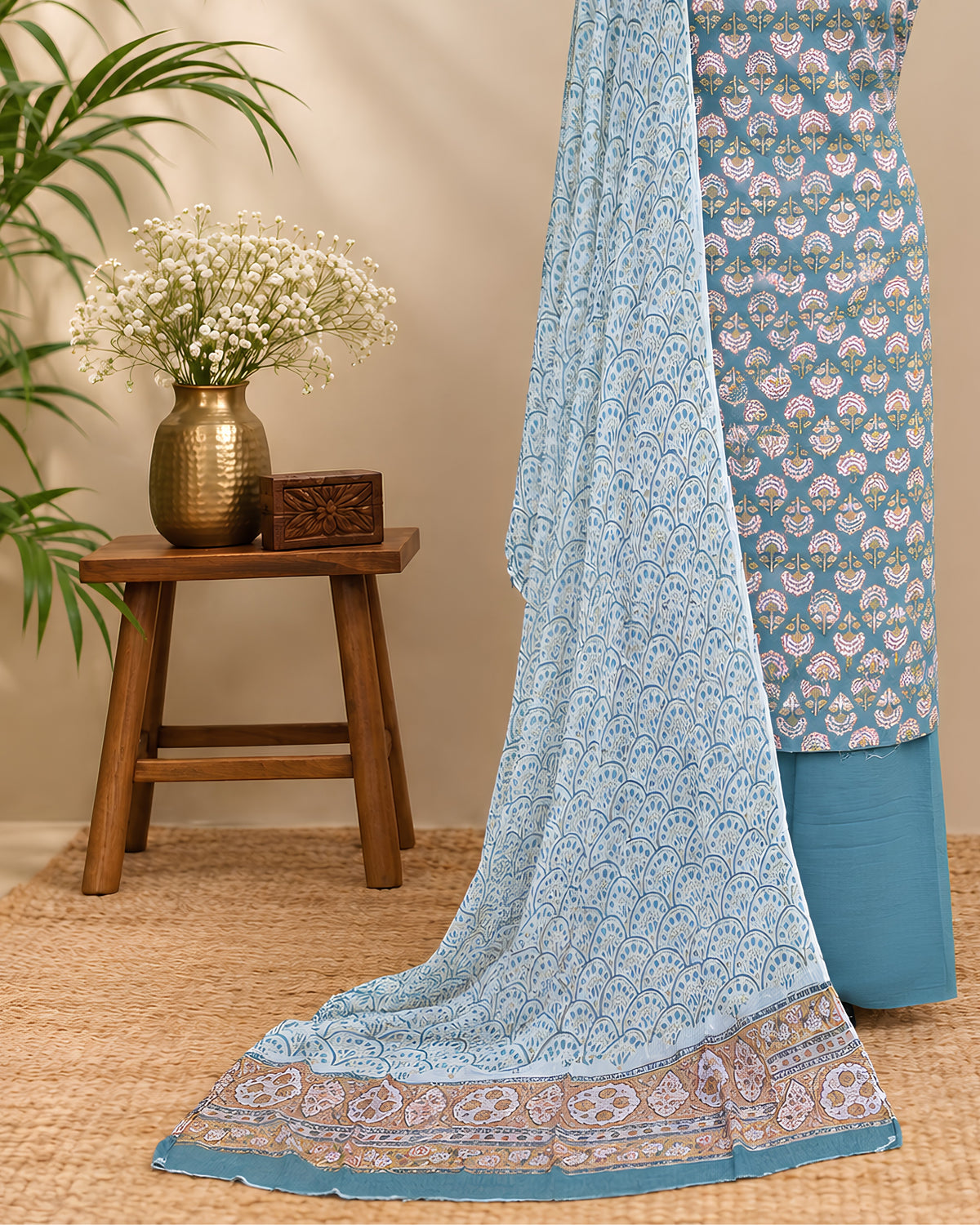 Teal blue Mul Mul chiffon dupatta with pink and cream floral pattern, lightweight material from S Fabs.