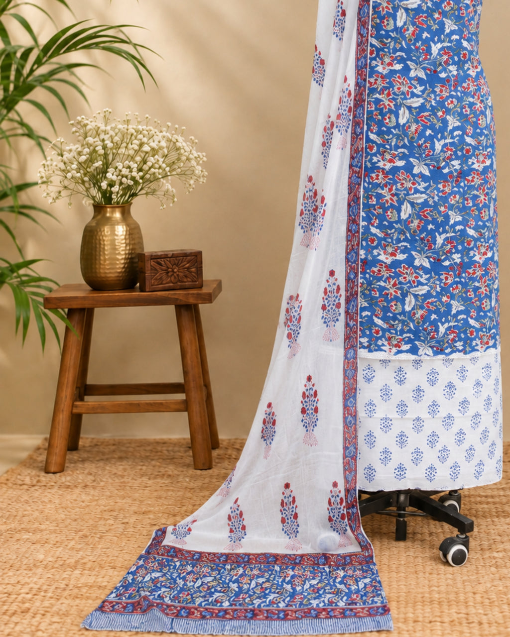 White Mul Mul chiffon dupatta with blue and red floral print from S Fabs, showcasing lightweight, elegant fabric with vibrant floral design.