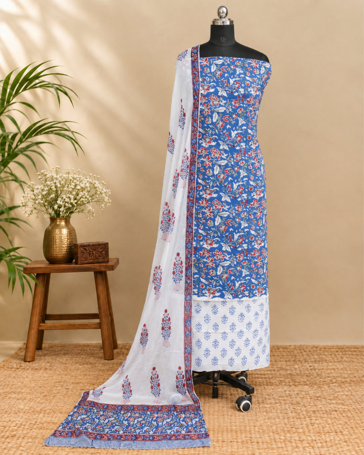White Mul Mul chiffon dupatta with blue and red floral pattern from S Fabs, showcasing delicate fabric and vibrant floral design.
