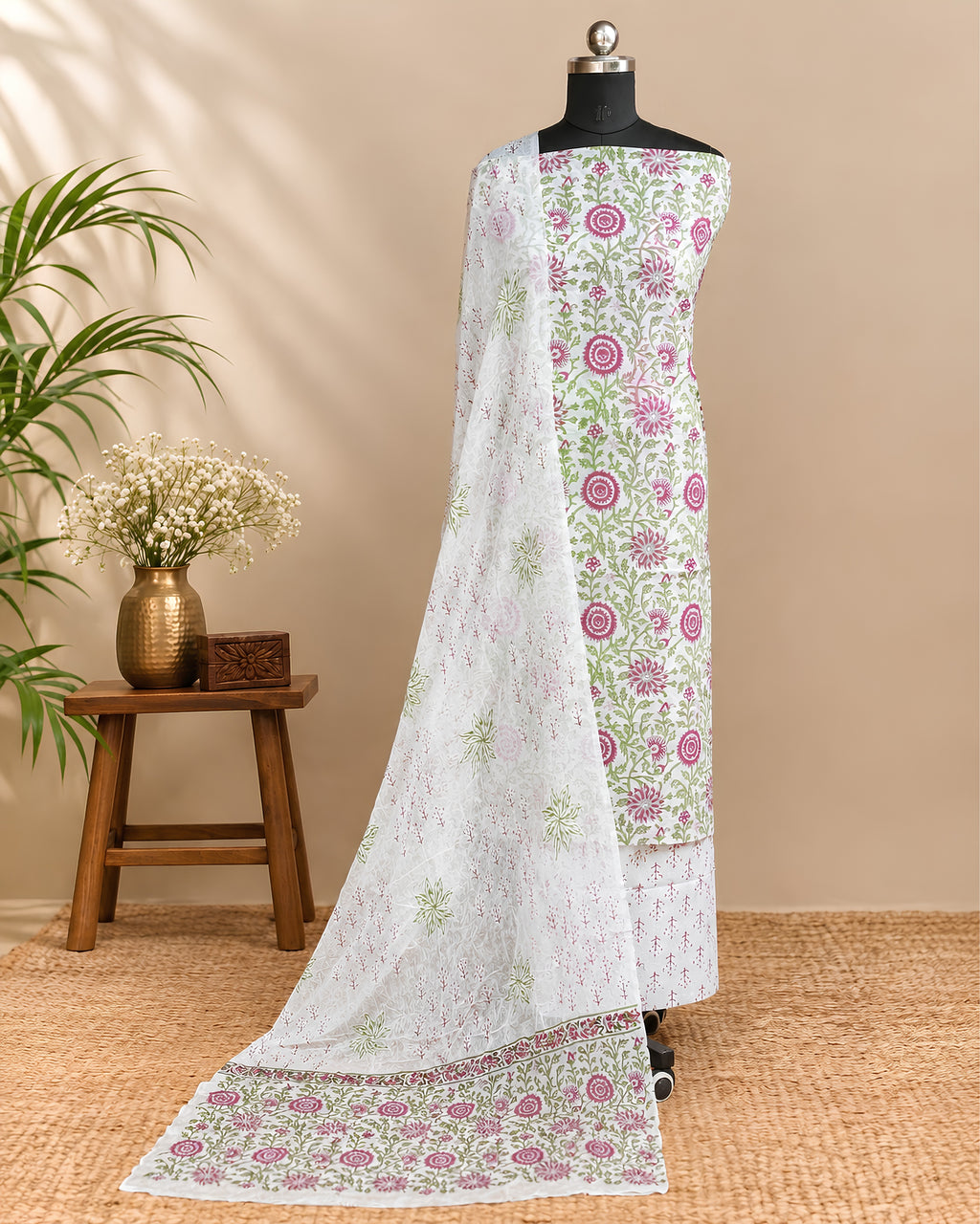 White Mul Mul chiffon dupatta with green and magenta floral embroidery, showcasing delicate fabric and vibrant floral patterns.