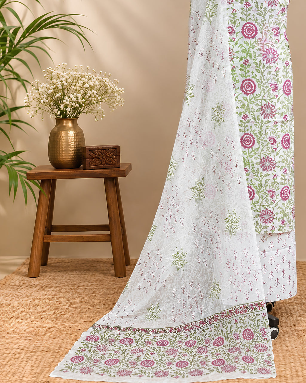 White Mul Mul chiffon dupatta with green and magenta floral patterns, lightweight fabric by S Fabs.
