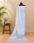 White Mul Mul chiffon dupatta with lavender and blue floral patterns, lightweight material, by S Fabs.