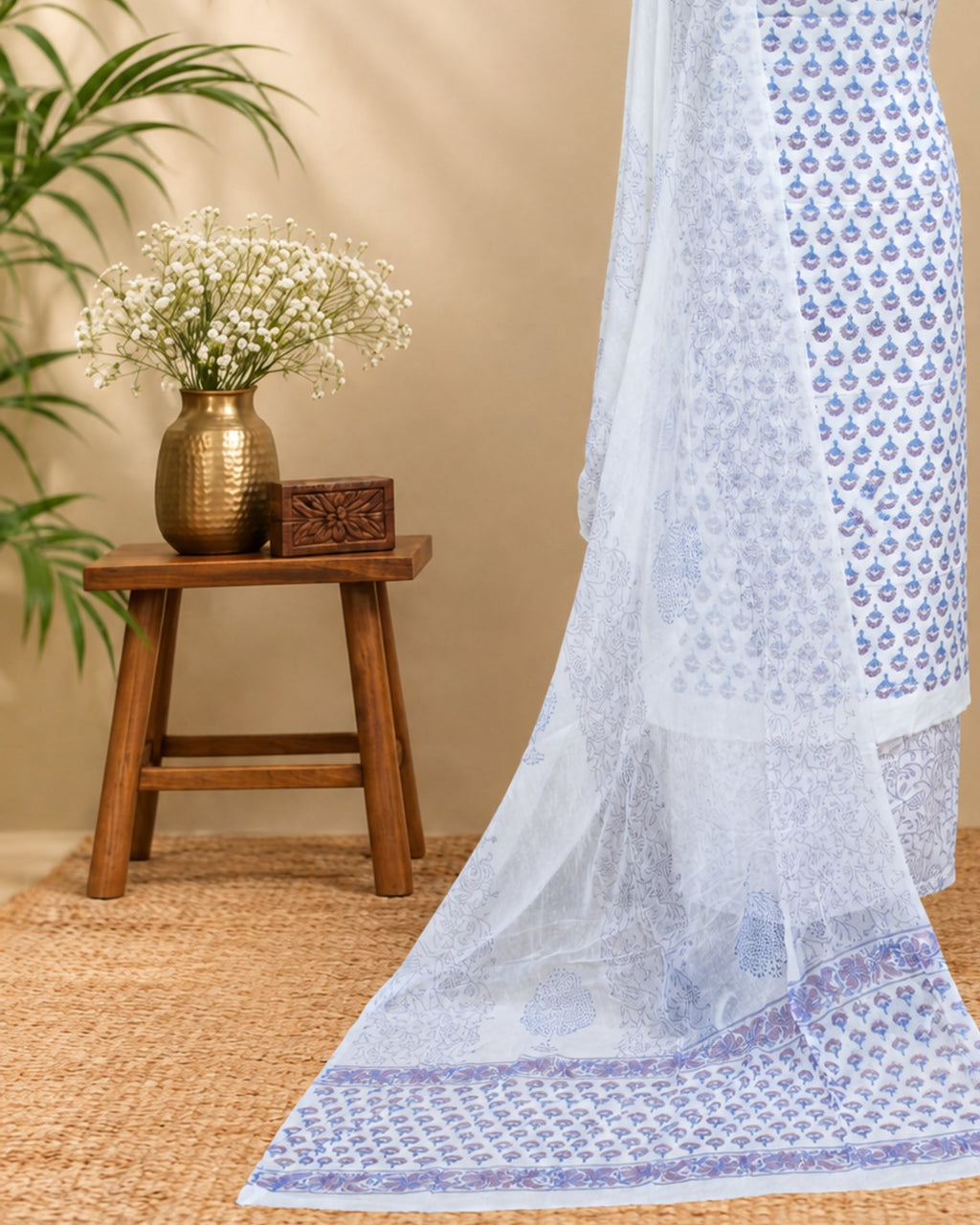 White Mul Mul chiffon dupatta with lavender and blue floral pattern, elegant S Fabs material for traditional wear.