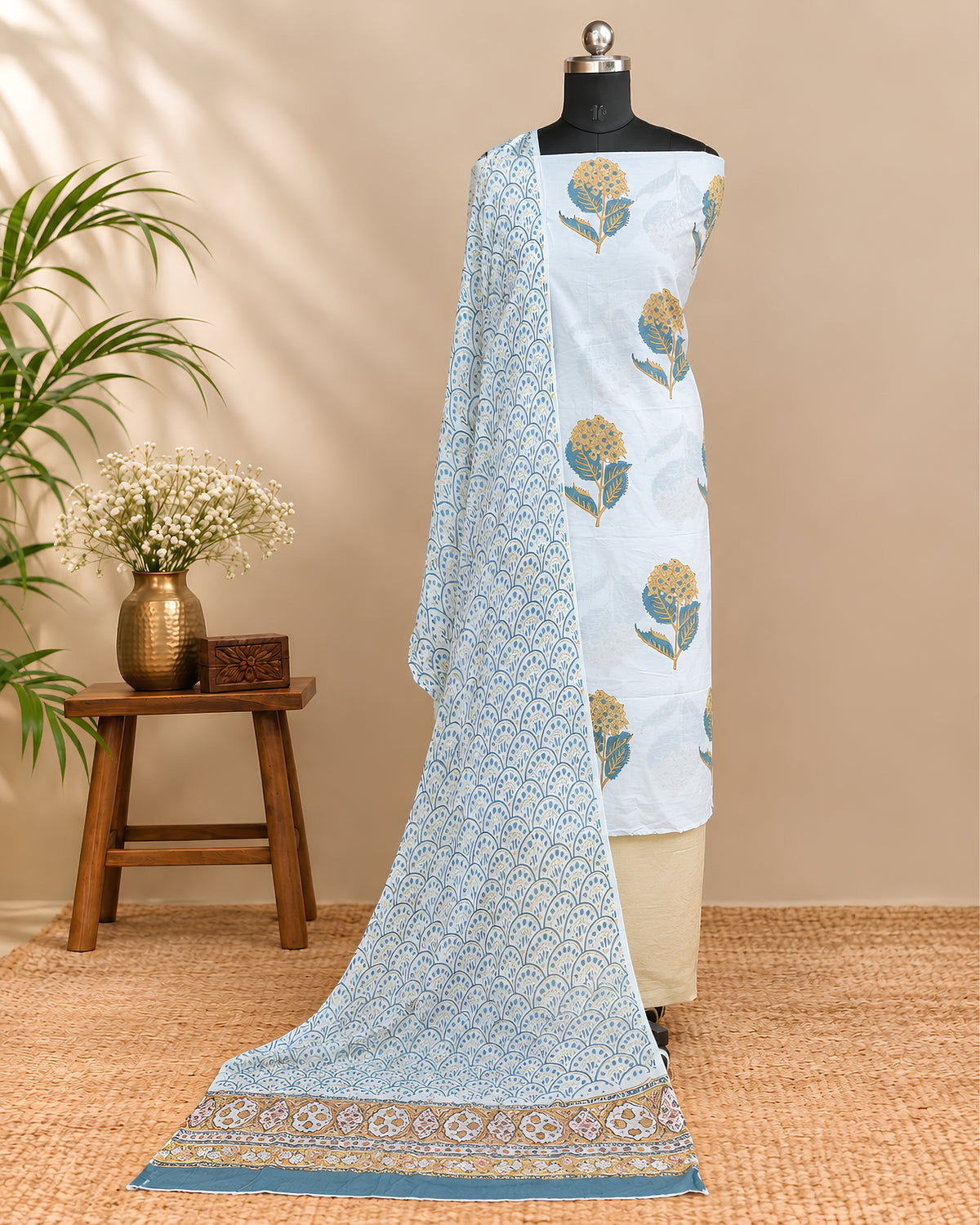 White Mul Mul chiffon dupatta with mustard yellow floral print, lightweight material from S Fabs.
