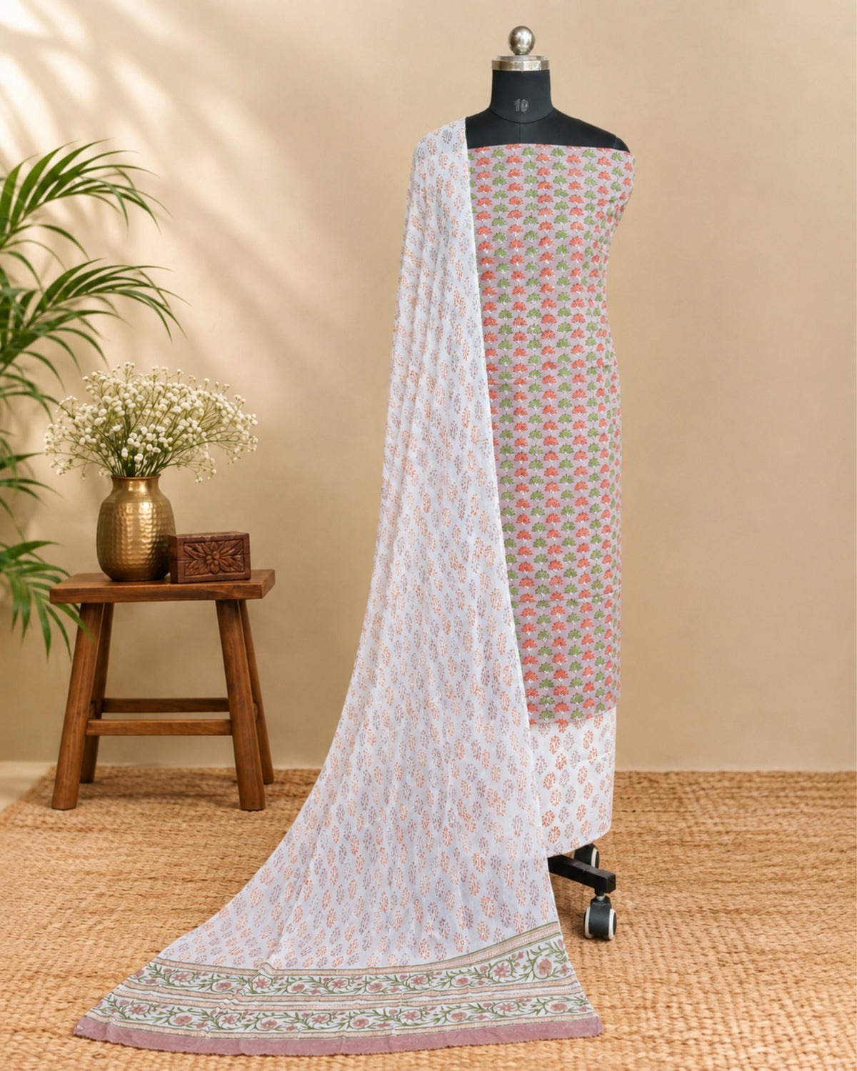 White Mul Mul chiffon dupatta with peach and green floral pattern, showcasing delicate fabric and vibrant floral design.