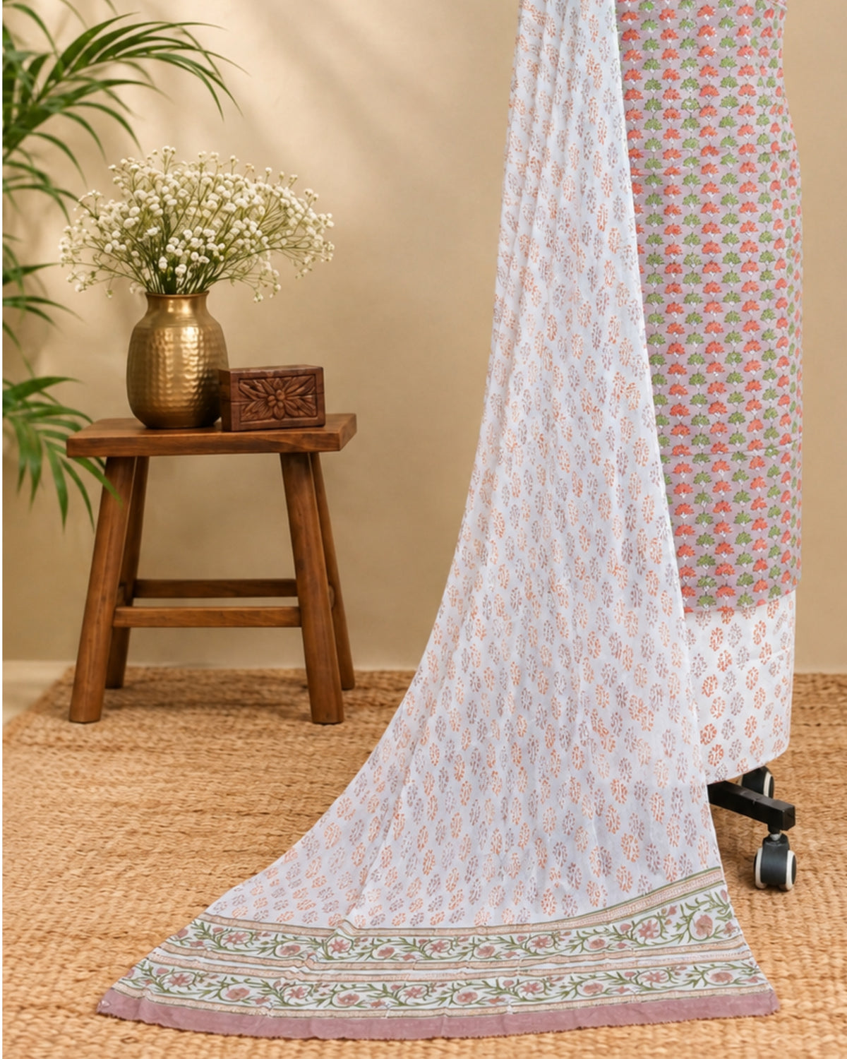 White Mul Mul chiffon dupatta with peach and green floral embroidery from S Fabs, showcasing delicate fabric and vibrant floral details.