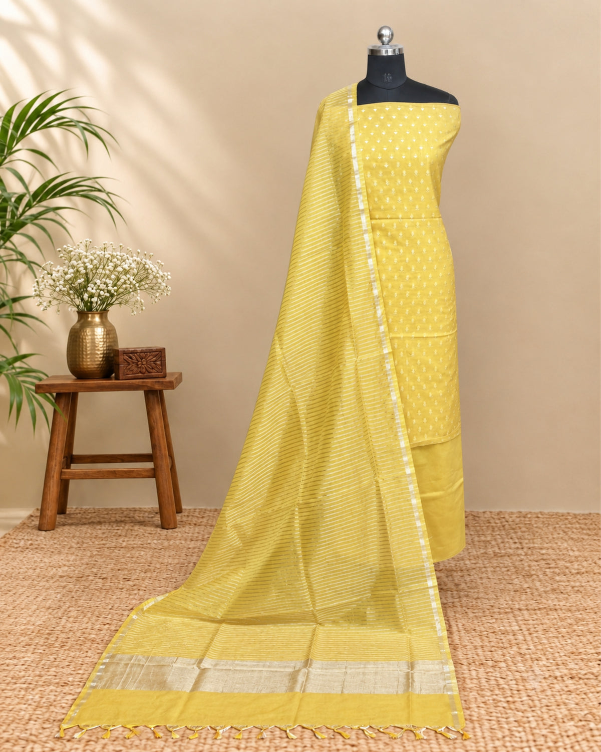 Premium silk Butti fabric in mustard yellow by S Fabs, showcasing a smooth, luxurious material with traditional design details.