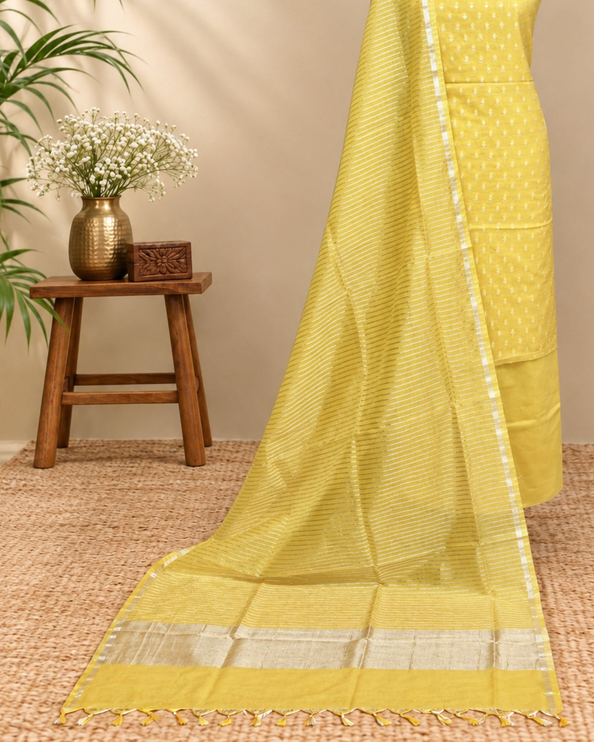 Premium silk butti fabric in mustard yellow from S Fabs, showcasing a close-up of the soft, glossy textile texture.