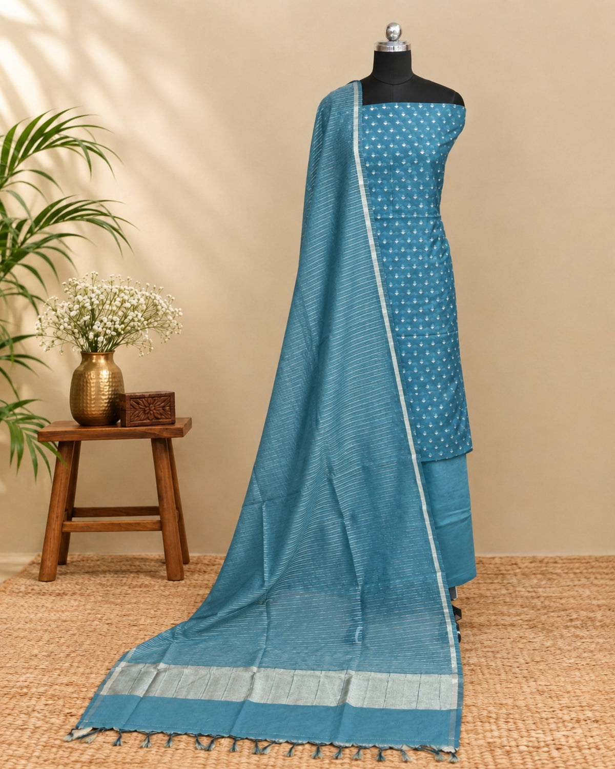 Peacock blue premium silk butti fabric by S Fabs, showcasing smooth, shiny silk material with intricate weave details.