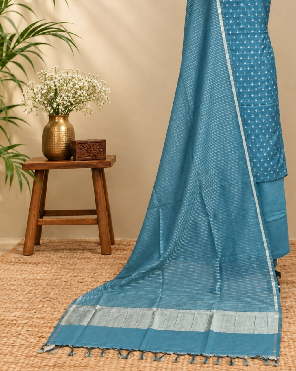 Peacock blue premium silk butti fabric by S Fabs, showcasing smooth, luxurious silk material with a vibrant, rich color.