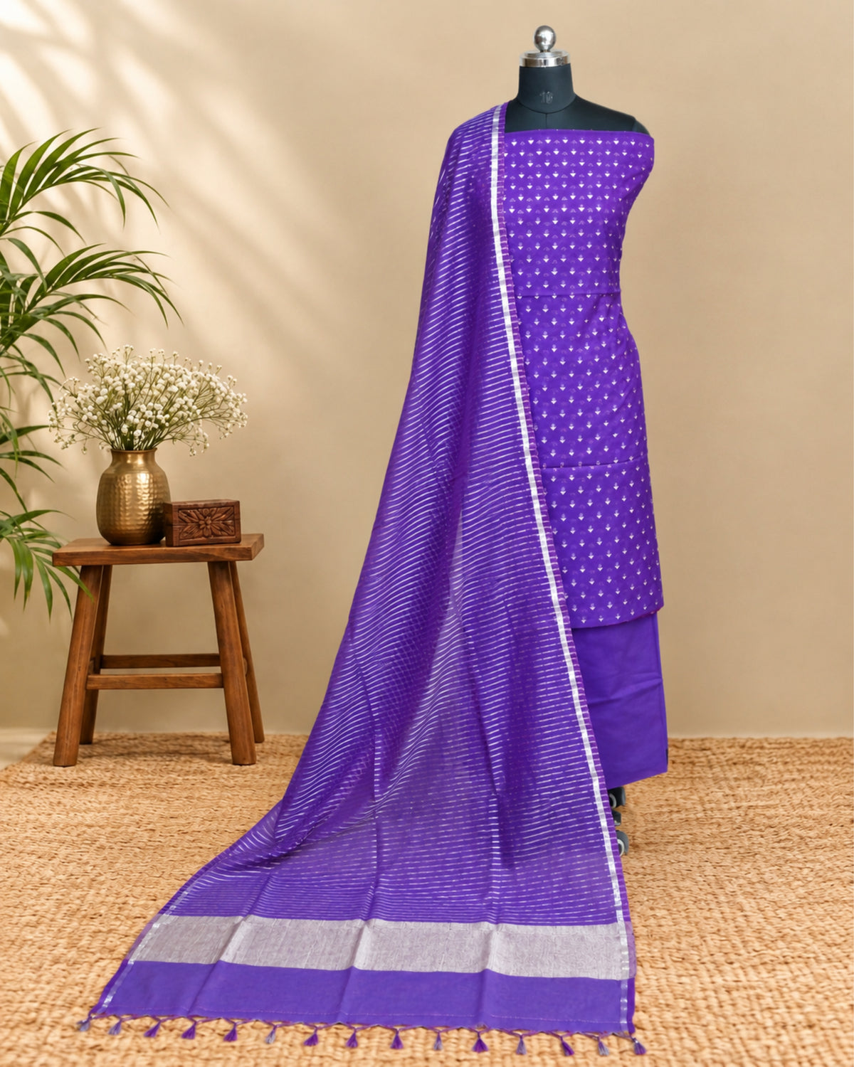 Purple premium silk butti fabric from S Fabs, showcasing smooth, luxurious silk material with a soft texture.