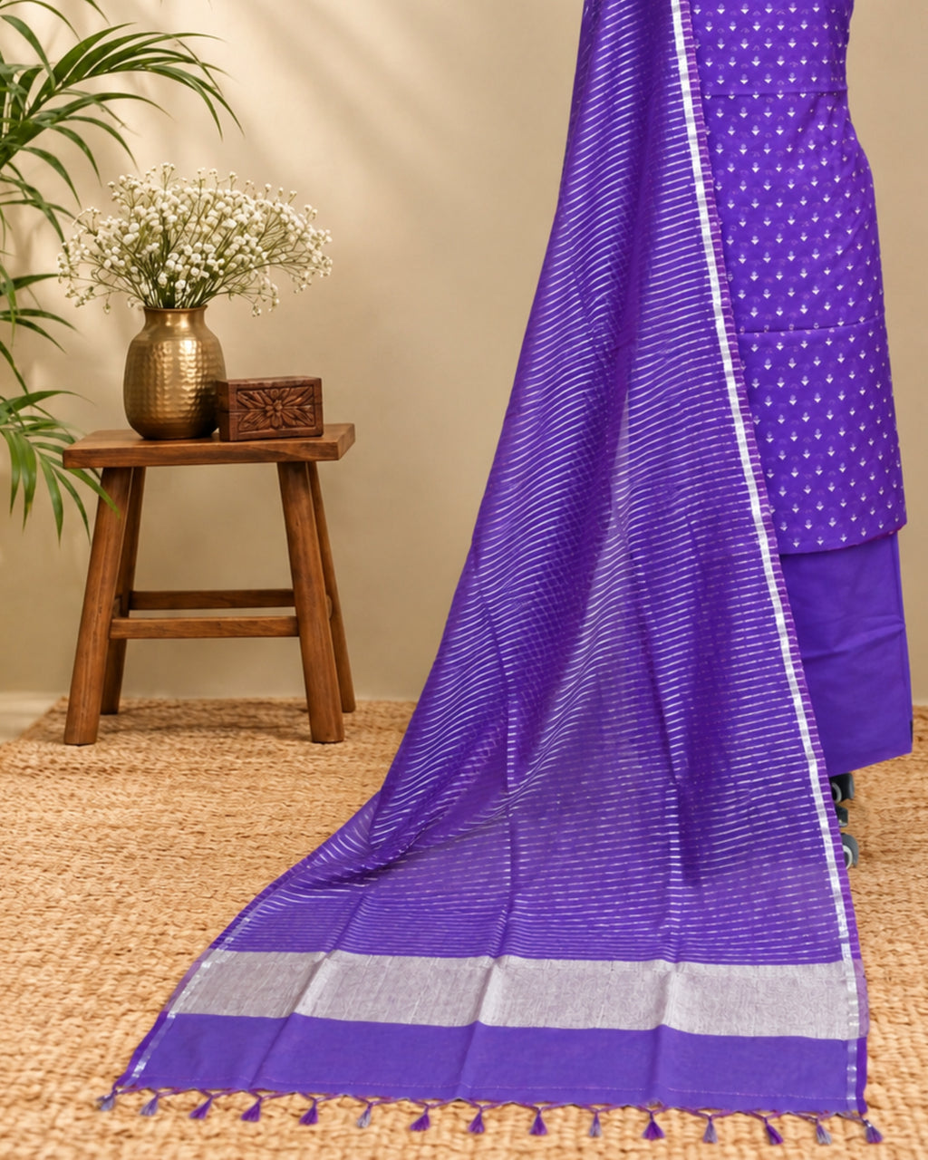 Purple premium silk butti fabric from S Fabs, showcasing smooth, luxurious material suitable for elegant clothing and accessories.
