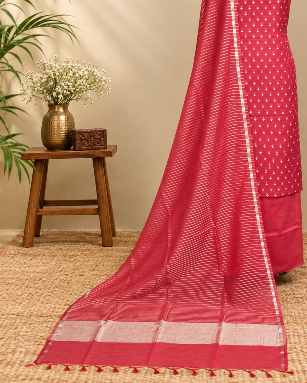 Soft raspberry red silk butti fabric from S Fabs, showcasing smooth texture and vibrant color in a close-up shot.