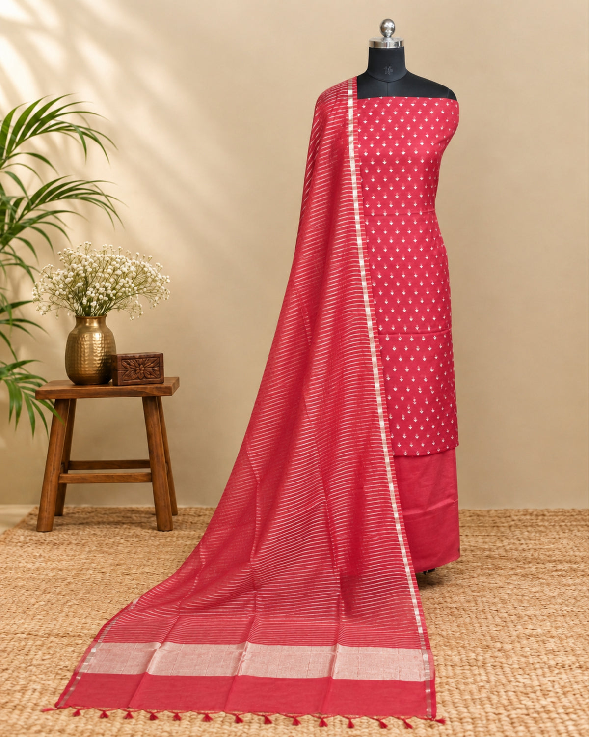 Raspberry red premium silk butti fabric by S Fabs, showcasing smooth, luxurious silk material with intricate design details.