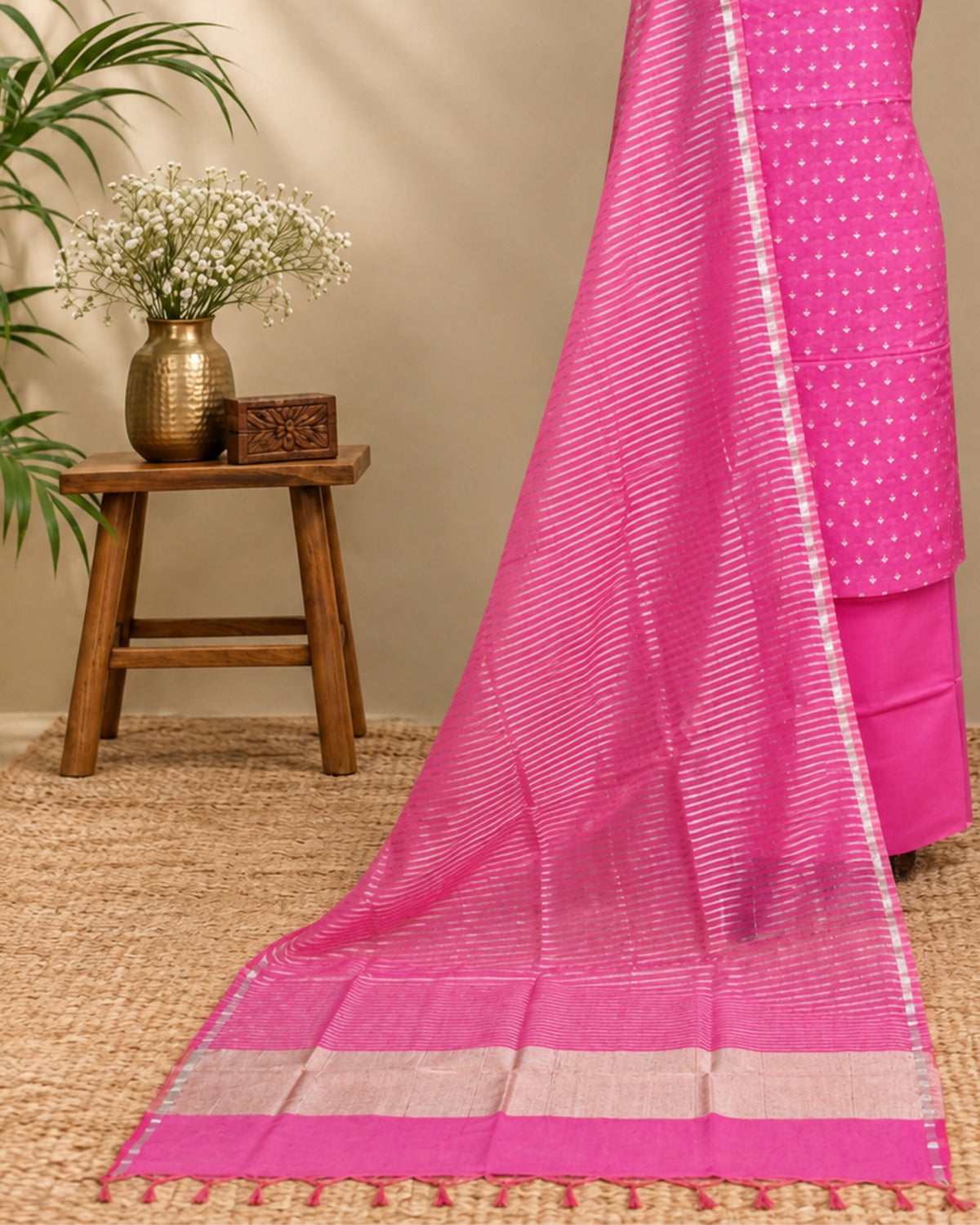 Vibrant pink premium silk Butti fabric by S Fabs, showcasing smooth, luxurious silk material with a rich, vibrant color.