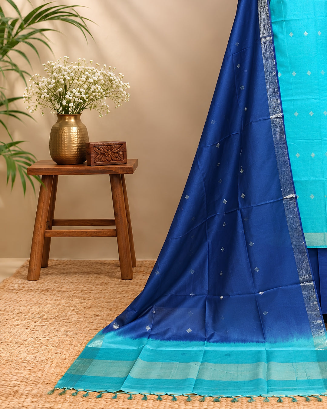 Semi Tussar Butta fabric in turquoise blue and deep blue from S Fabs, showcasing the soft, textured silk material.
