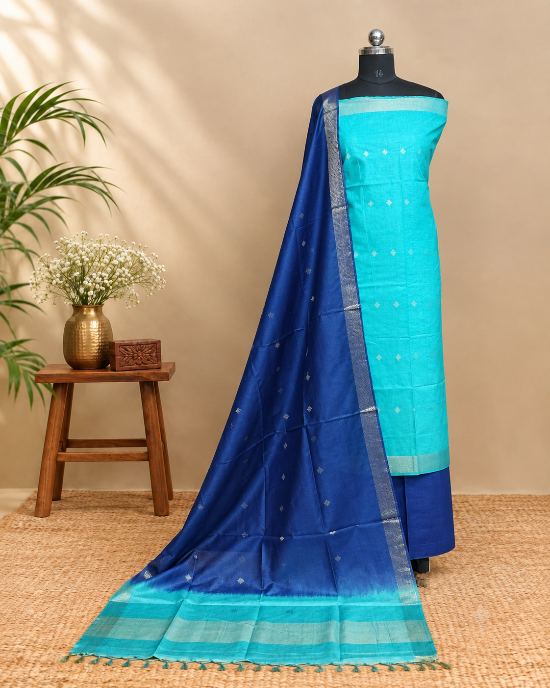 Semi Tussar Butta fabric in Turquoise Blue and Deep Blue by S Fabs, showcasing the luxurious silk material and vibrant colors.