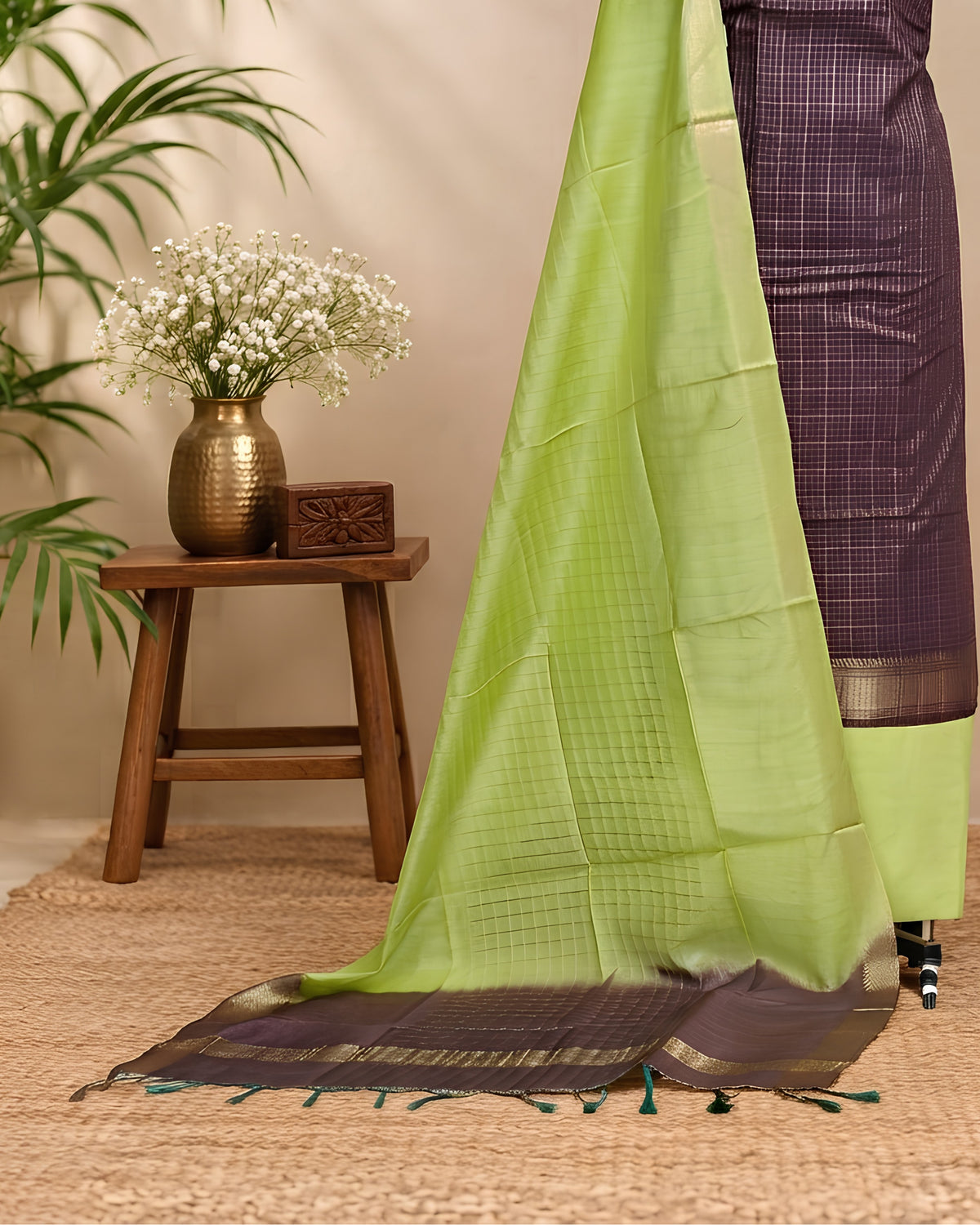 Semi Tussar Checks fabric by S Fabs in maroon and lime green, showing the patterned material with check design and vibrant colors.