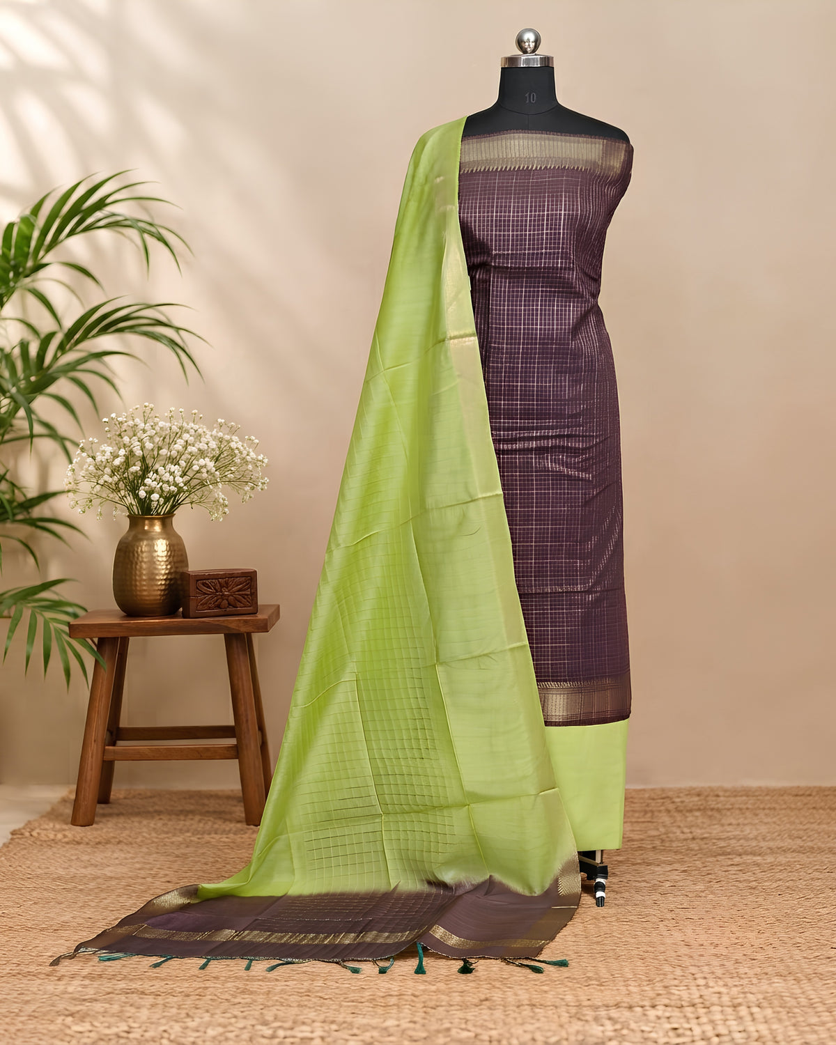 Semi Tussar Checks fabric by S Fabs in maroon and lime green, showing the checkered pattern and rich textile texture.