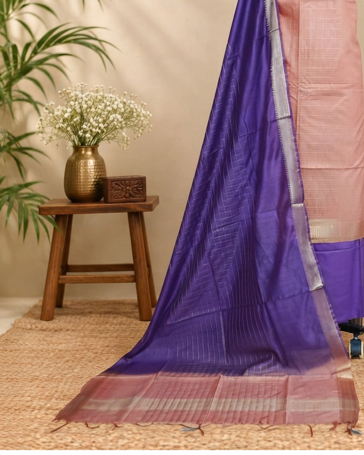 Semi Tussar Checks fabric in peach and deep violet by S Fabs, featuring a checkered pattern and soft textile texture.