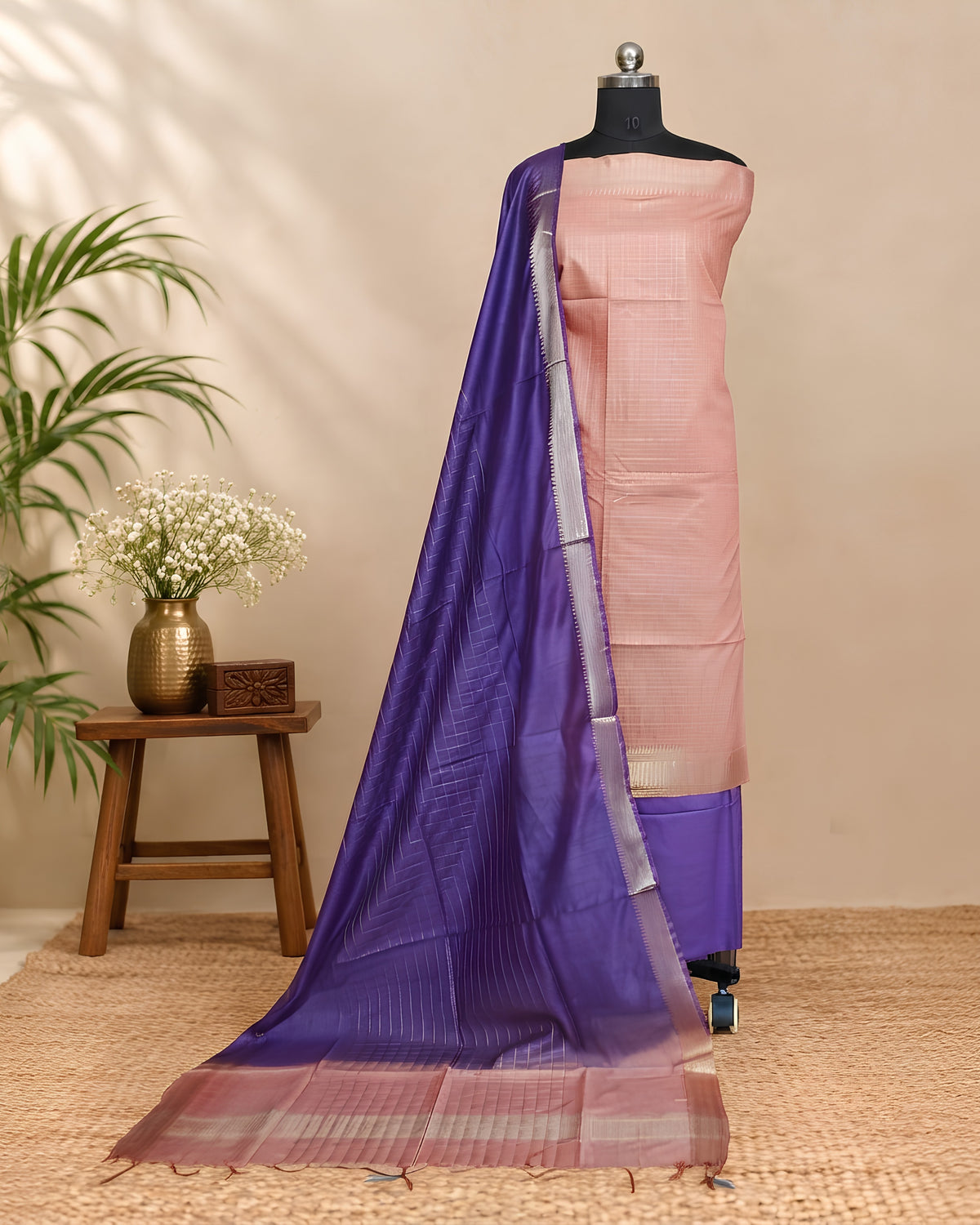 Semi Tussar Checks fabric in peach and deep violet by S Fabs, showcasing the textured material with a checkered pattern.