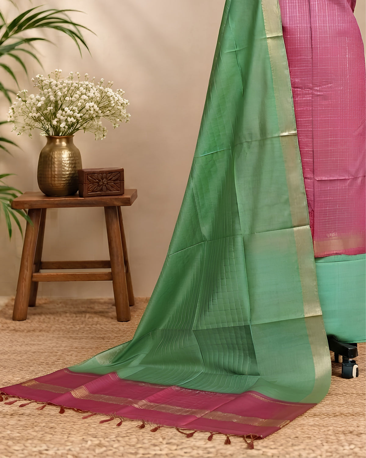 Pink and leaf green Semi Tussar Checks fabric by S Fabs, showcasing a checked pattern and soft texture.