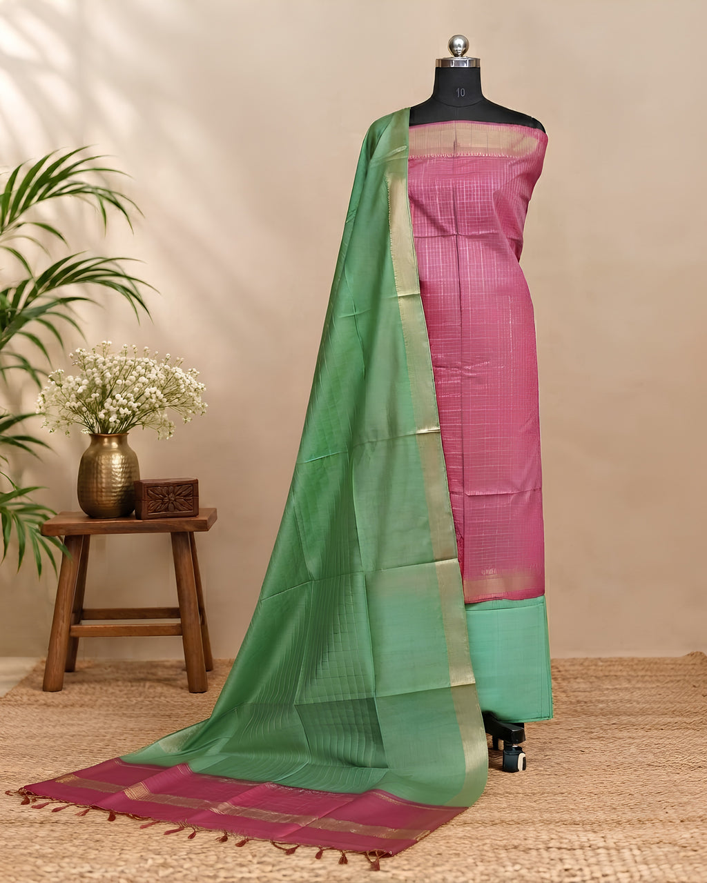 Semi Tussar Checks fabric in pink and leaf green by S Fabs, featuring a checkered pattern and soft, woven texture.