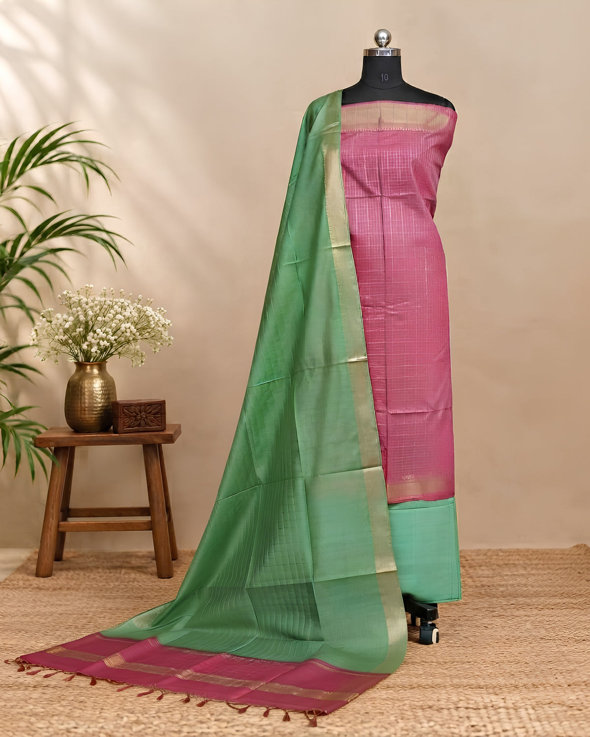 Semi Tussar Checks fabric in pink and leaf green by S Fabs, featuring a checkered pattern and soft, woven texture.