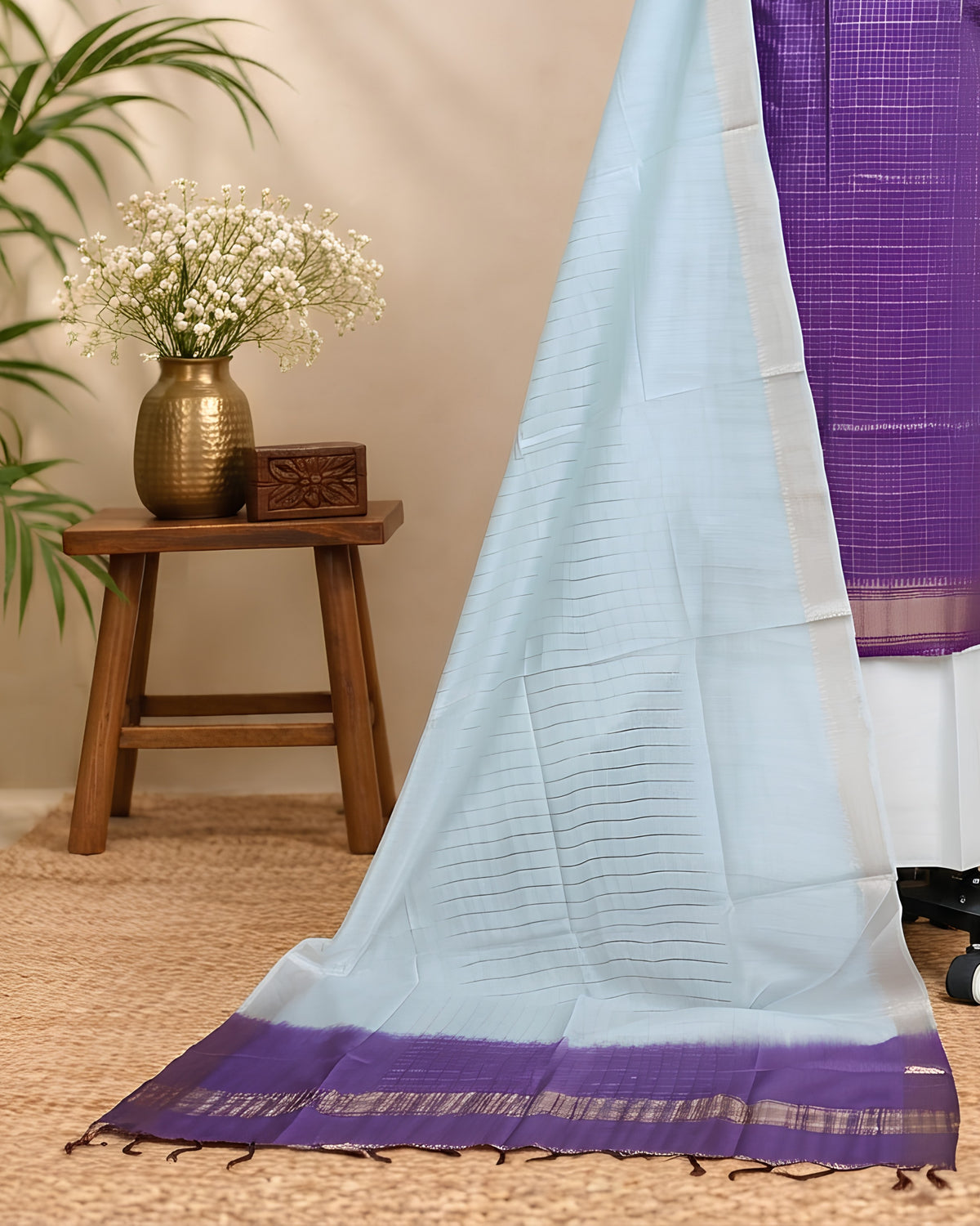 Semi Tussar Checks fabric by S Fabs in purple and pale sky blue, showing a close-up of the patterned material.