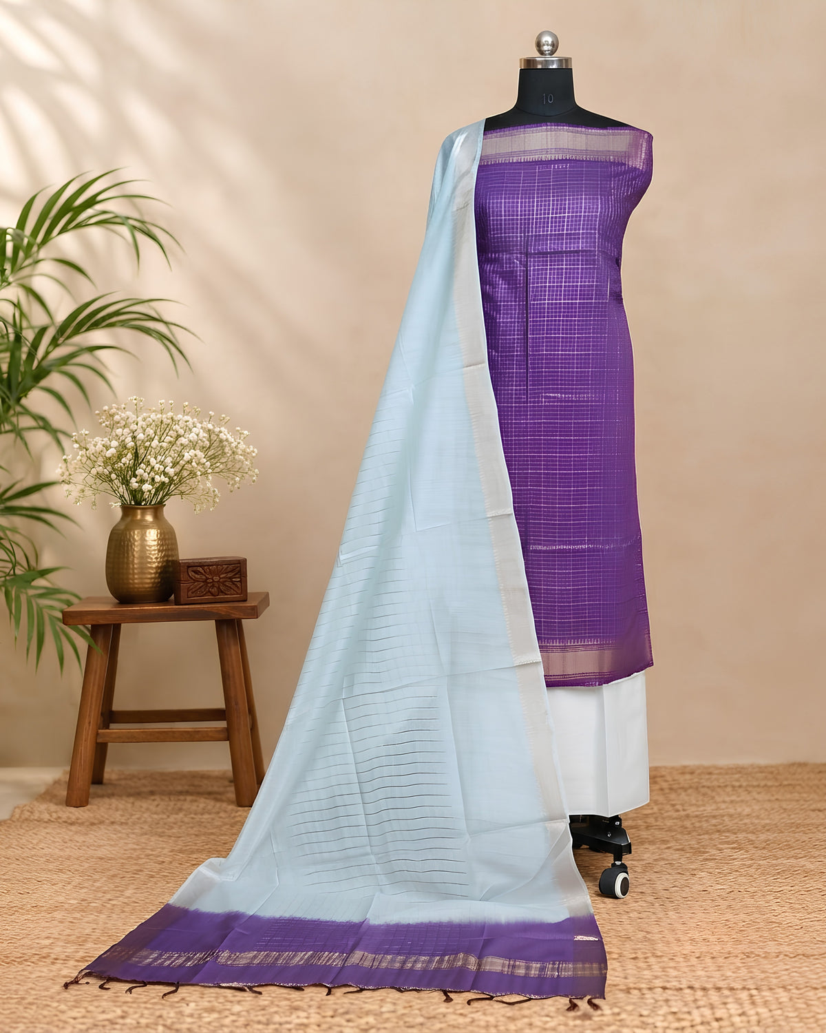Semi Tussar Checks fabric by S Fabs in purple and pale sky blue, showing a close-up of the check pattern and material texture.