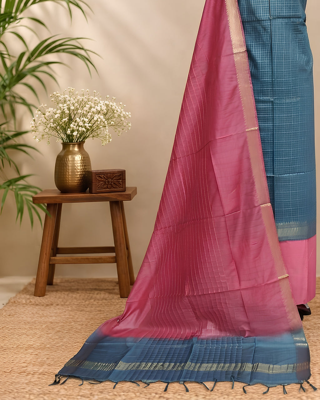 Semi Tussar Checks fabric by S Fabs in steel blue and hot pink, showing a close-up of the checked textile pattern.
