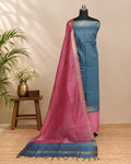 Semi Tussar Checks fabric by S Fabs in steel blue and hot pink, showing a close-up of the checkered material pattern.