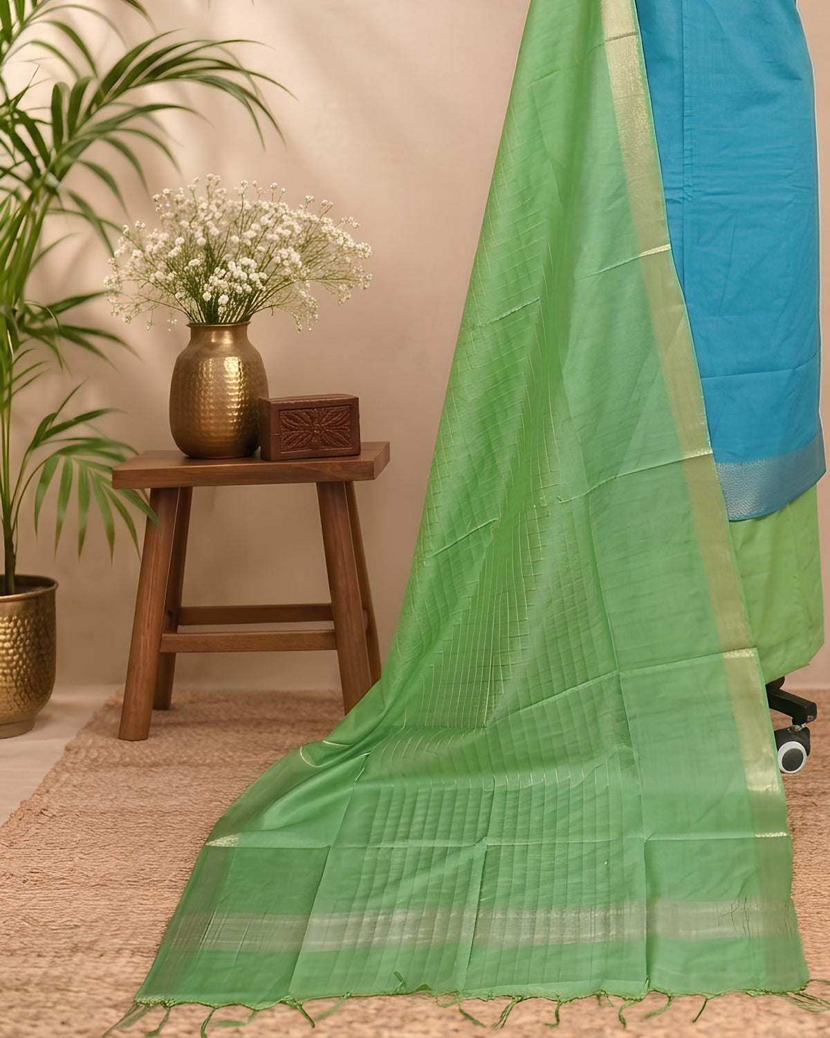 Semi Tussar plain fabric by S Fabs in cyan blue and lime green, showcasing smooth, vibrant material texture.