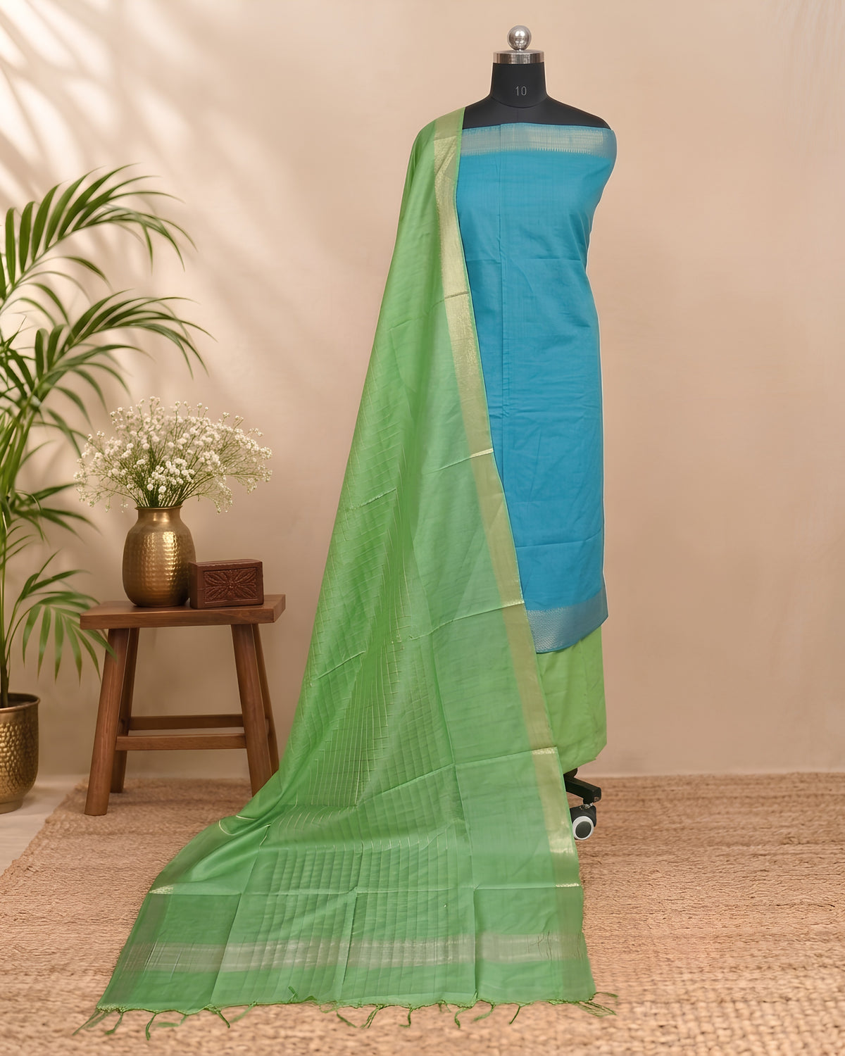 Semi Tussar plain fabric in cyan blue and lime green by S Fabs, showcasing smooth, vibrant material with a soft texture.