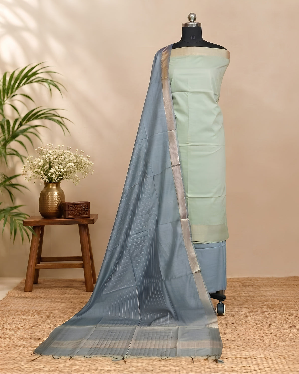 Semi Tussar plain fabric in pale mint green and slate blue by S Fabs, showing smooth, lightweight textile with subtle color variations.