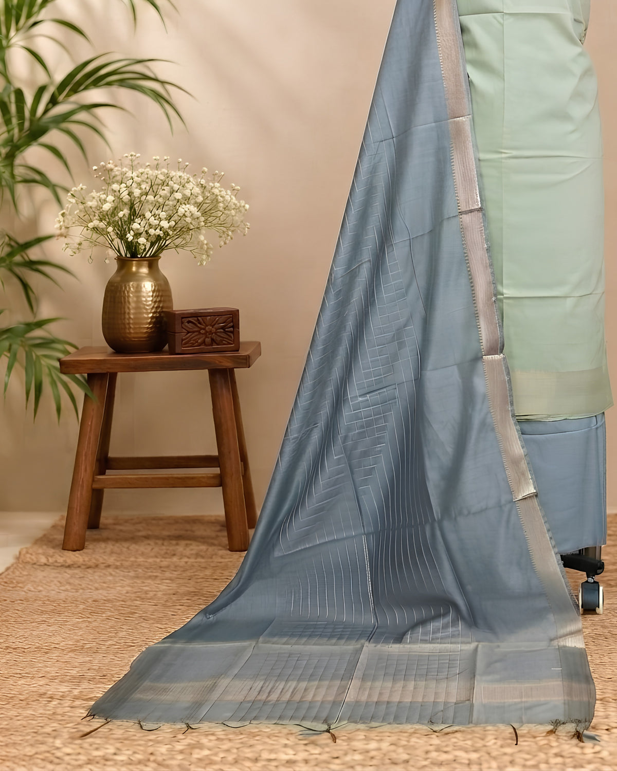 Semi Tussar plain fabric from S Fabs in pale mint green and slate blue, showcasing smooth, lightweight silk material.