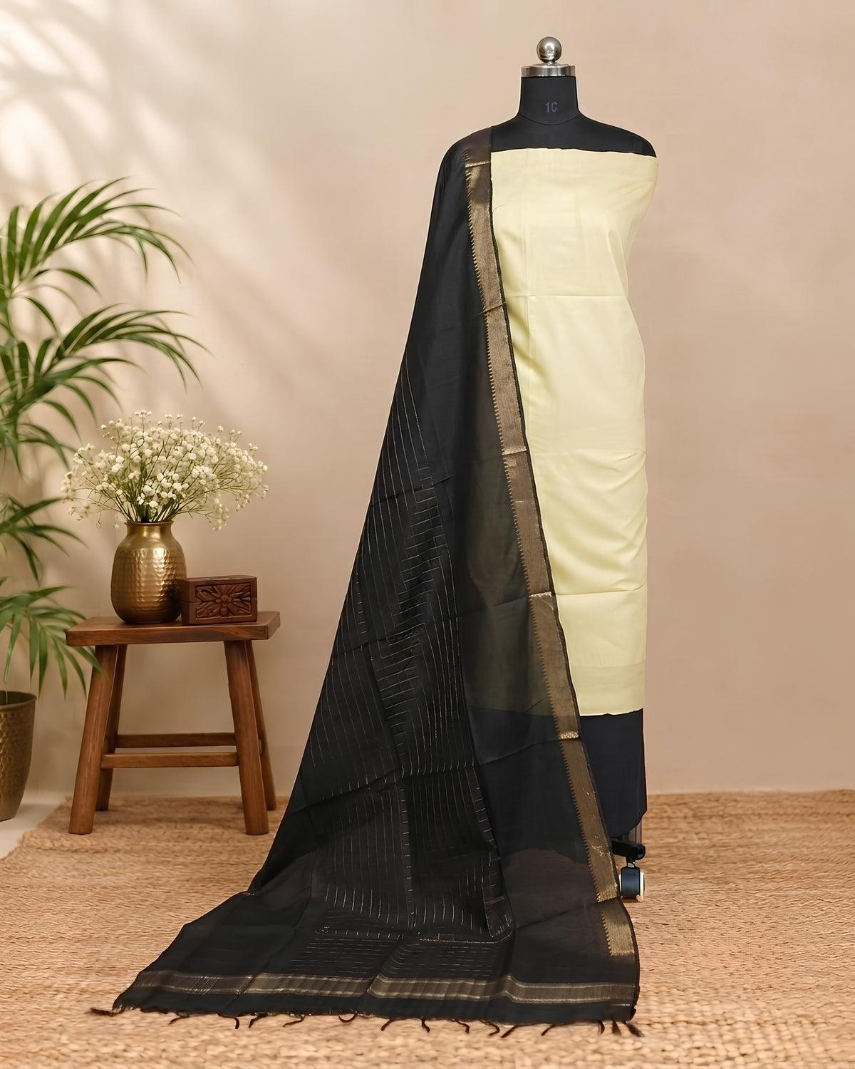 Semi Tussar plain fabric by S Fabs in pale yellow and black, showcasing smooth texture and elegant color combination.