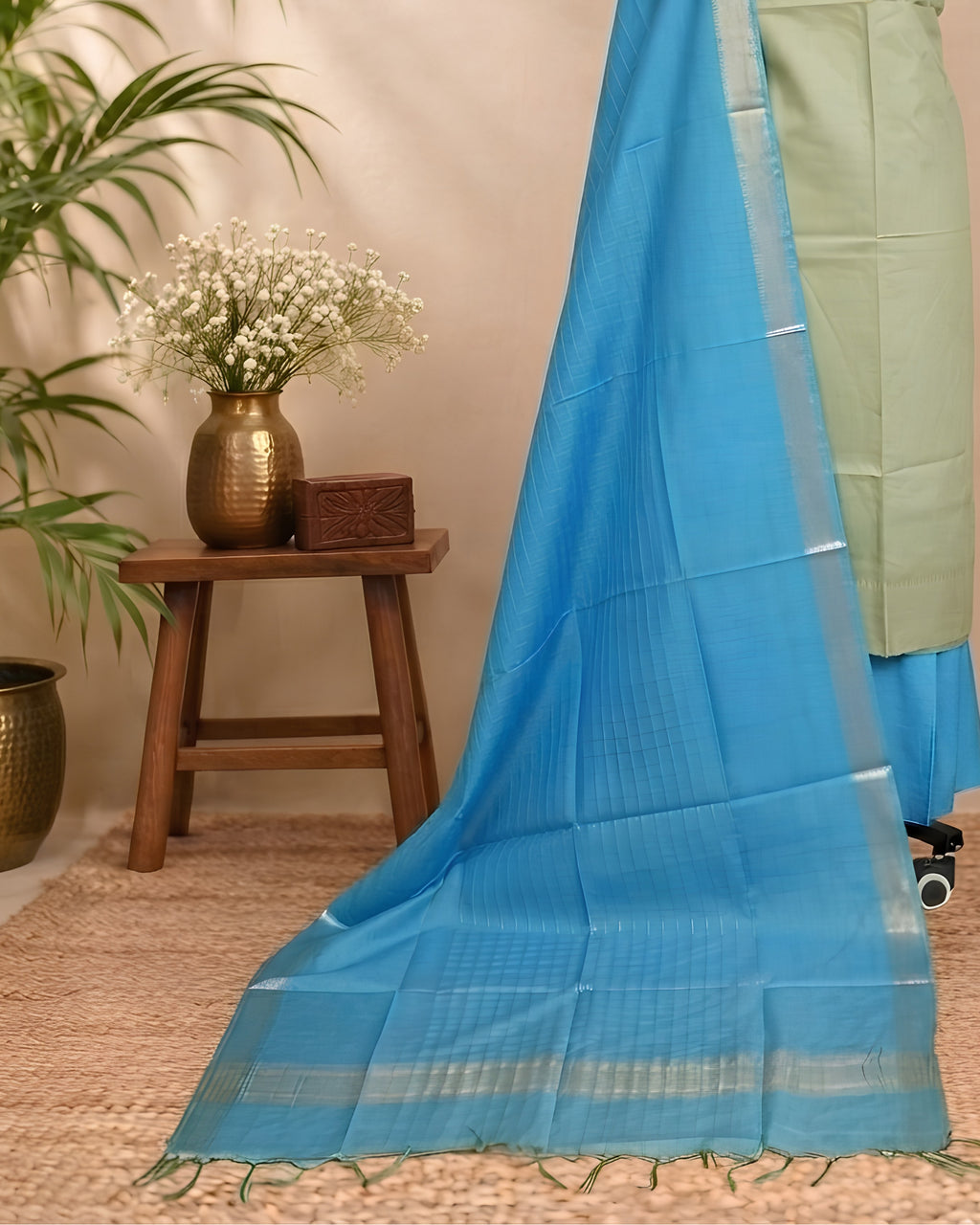 Semi Tussar plain fabric from S Fabs in pale yellow and bright blue, showcasing smooth woven texture and vibrant color contrast.