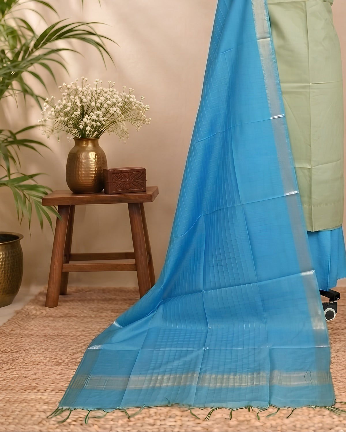 Semi Tussar plain fabric from S Fabs in pale yellow and bright blue, showcasing smooth woven texture and vibrant color contrast.