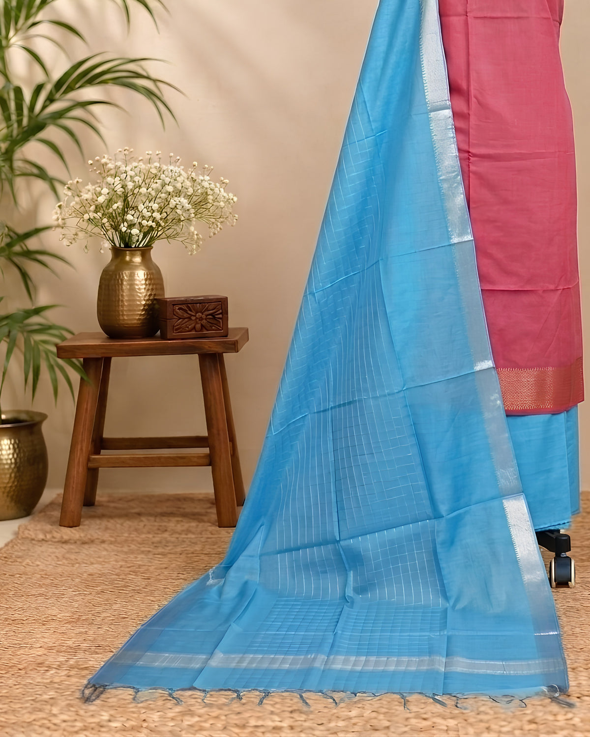 Semi Tussar plain fabric by S Fabs in pink and bright blue, showcasing smooth, lightweight silk material with vibrant color.