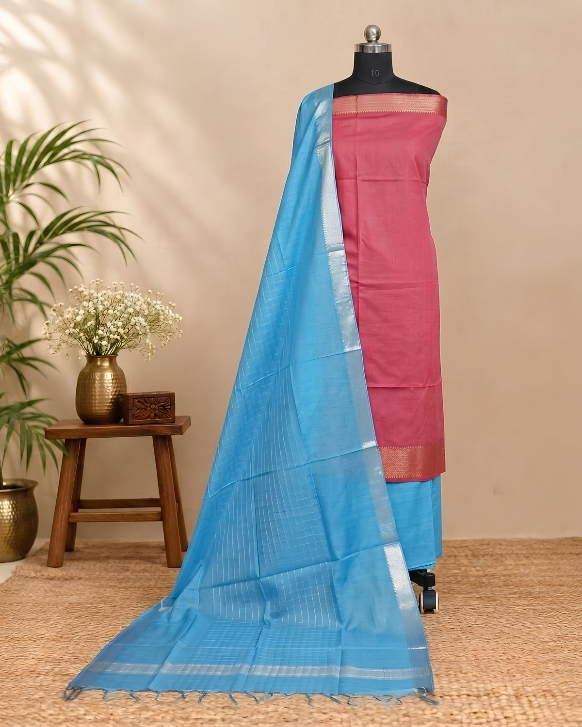 Semi Tussar plain fabric in pink and bright blue from S Fabs, shown as smooth, vibrant textile material.