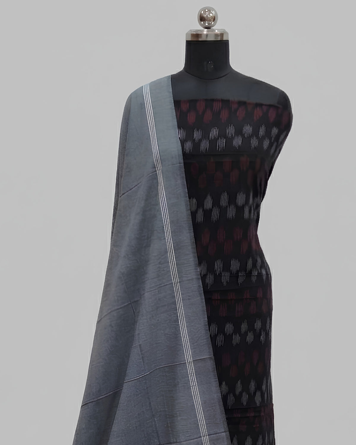 Single Ikkat chudi set by S Fabs featuring black and charcoal grey fabric with intricate traditional pattern.