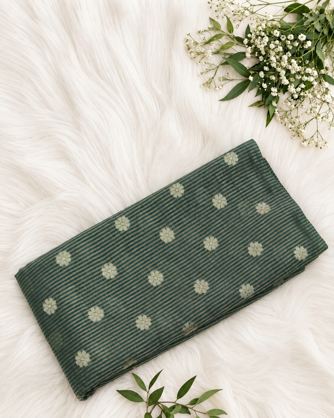 Sage green tissue brocade top by S Fabs showing intricate fabric texture and elegant design.