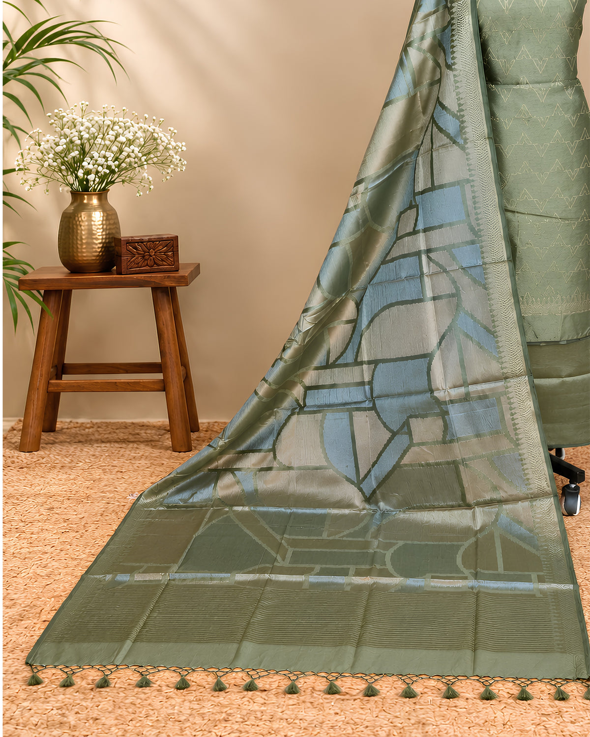 Olive green Tussar zari Jacquard fabric with geometric pattern from S Fabs, showcasing intricate woven design and rich texture.